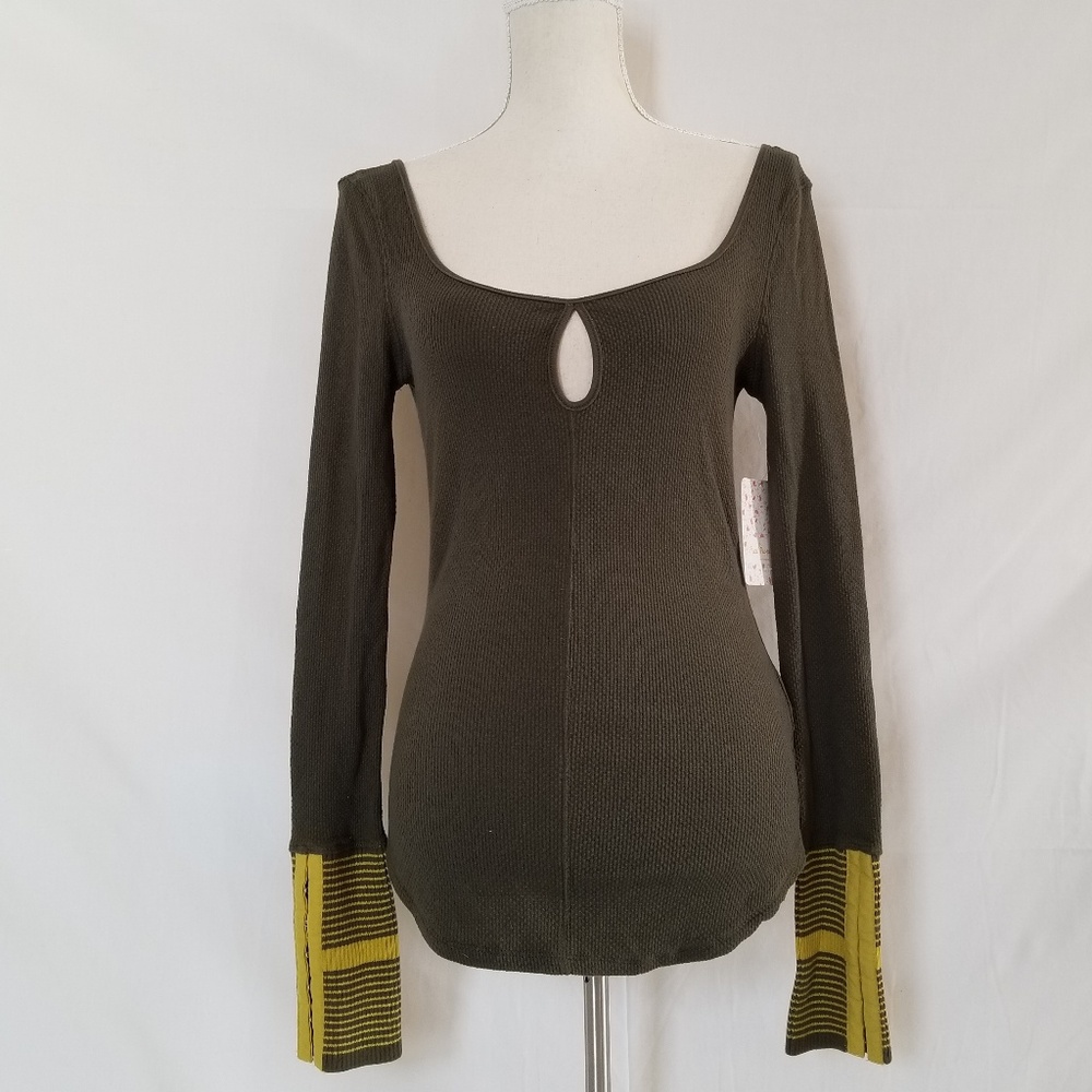 Free People Green Thermal yellow cuffed top